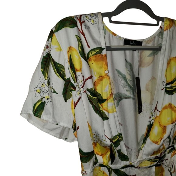 NWT Lulus Size L A La Tart Lemon Print Wrap Yellow White Dress Short Sleeve - Picture 5 of 14